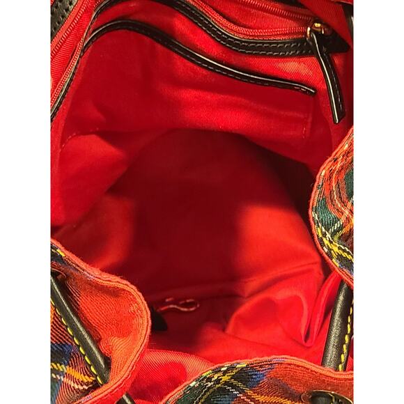 Dooney & Bourke VTG Large Red Tartan Plaid & Leather Backpack Drawstring TR573 - Picture 16 of 16